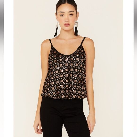 Shyanne Black Golden Bronze Sequin Diamond Pattern Sparkle Tank Top NEW - Picture 1 of 16
